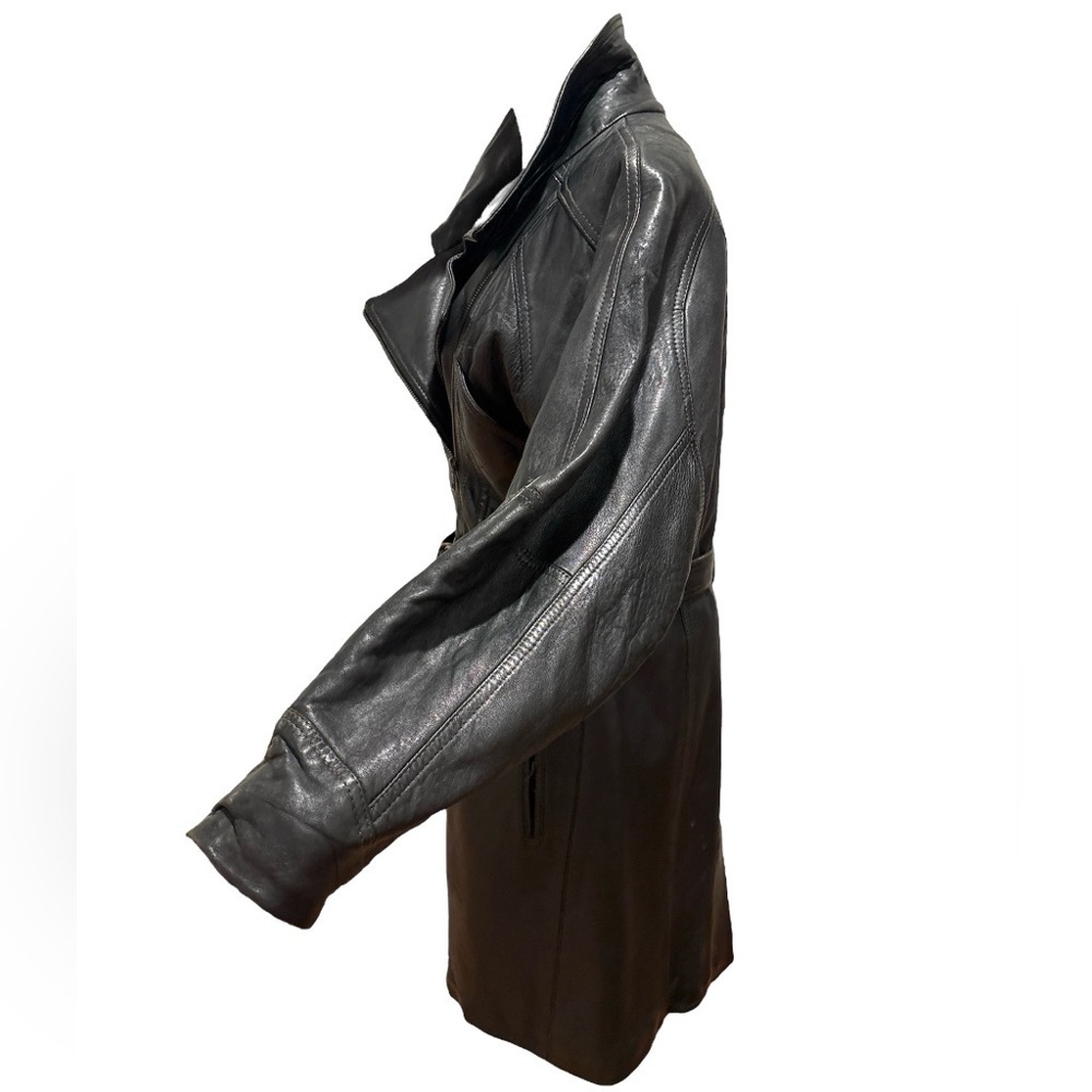 BLACK LEATHER BELTED GRUNGE PUNK GOTH TRENCH COAT FRENCH VERSION FRANCAISE SZ L - Picture 4 of 17